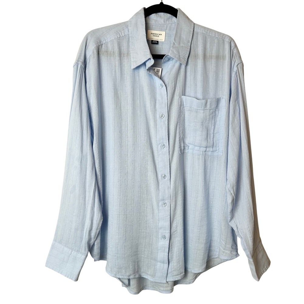 American Eagle Coastal Chic Womens Light Blue Striped Button Down Gauze Shirt M